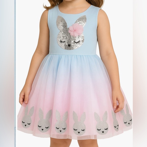 Easter Toddler Dress Zunie Blue and Pink Bunny Tulle Dress - Picture 4 of 4